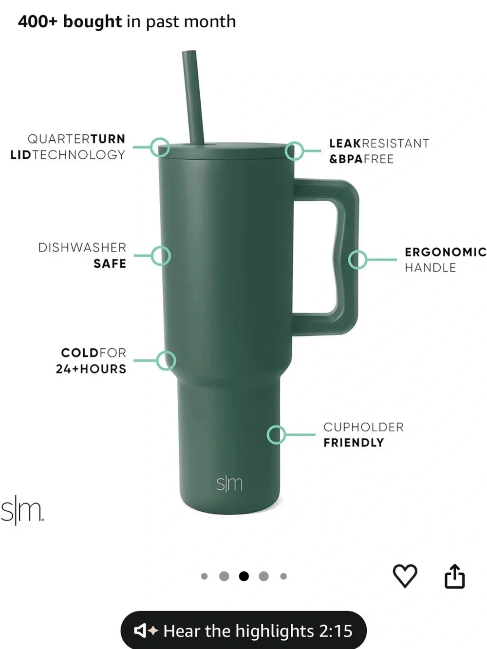 Simple Modern 40 oz Trek Tumbler with Handle and Straw Lid Hunter Green NIB